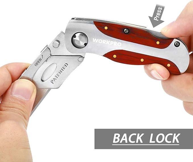 WORKPRO Quick-Change Utility Knife, Classical Retro Style Wood Grain Handle, Back Lock Folding Knife with Clip