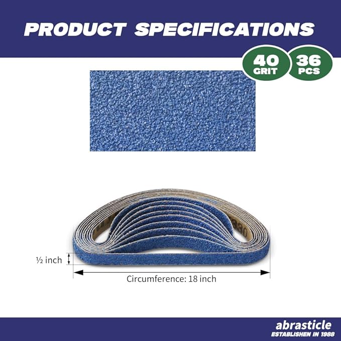 1/2" x 18" Zirconia Sanding Belts for Metal - 1/2 x 18 Inch Zirconia Metal Grinding Sand Paper, 36 PCS 40 Grits, Perfect for Knife Blade Sharpening, Metal Polishing, Derusting, Woodworking