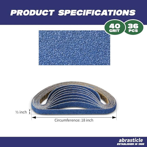 1/2" x 18" Zirconia Sanding Belts for Metal - 1/2 x 18 Inch Zirconia Metal Grinding Sand Paper, 36 PCS 40 Grits, Perfect for Knife Blade Sharpening, Metal Polishing, Derusting, Woodworking