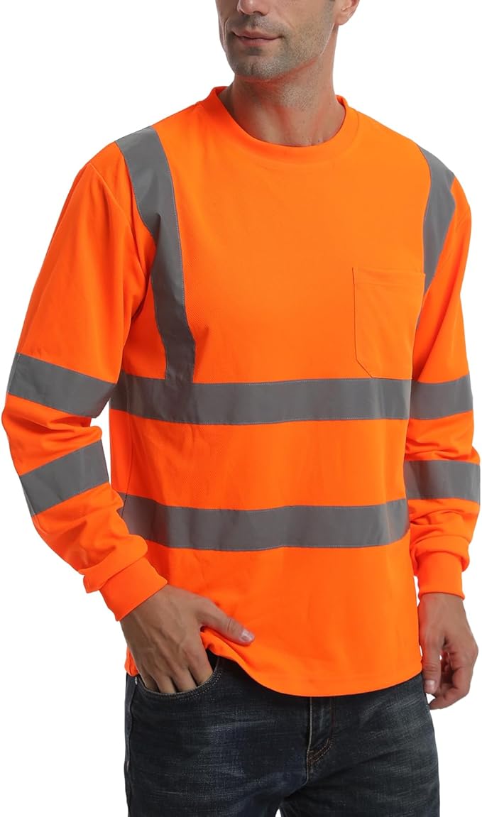 High Visibility Class 3 T Shirts，Hi Vis Safety Shirts with Reflective Strips and Pocket, Long Sleeve Quick Dry Mesh Construction Work Shirt for Men/Women Orange,6XL