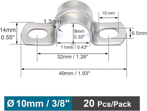 20 pcs 3/8" Conduit Clamps 304 SS Heavy Duty U-tube Clamp 2-holes Pipe Bracket, Universal Clamp for Cylindrical Components - Fits OD 10 mm (Approx. 3/8") | 20 pcs