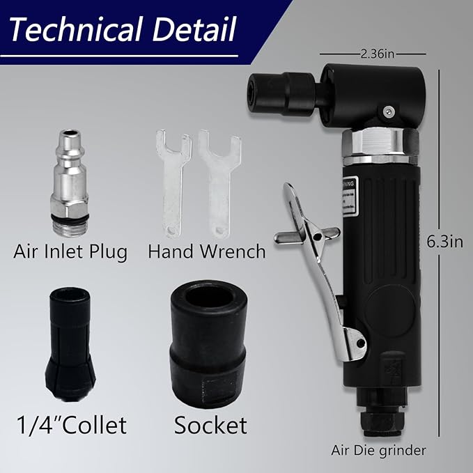 90° Right Angle Air Die Grinder 1/4" 20000 RPM - Pneumatic Tool for Metal/Woodworking/Automotive, Compact Lightweight