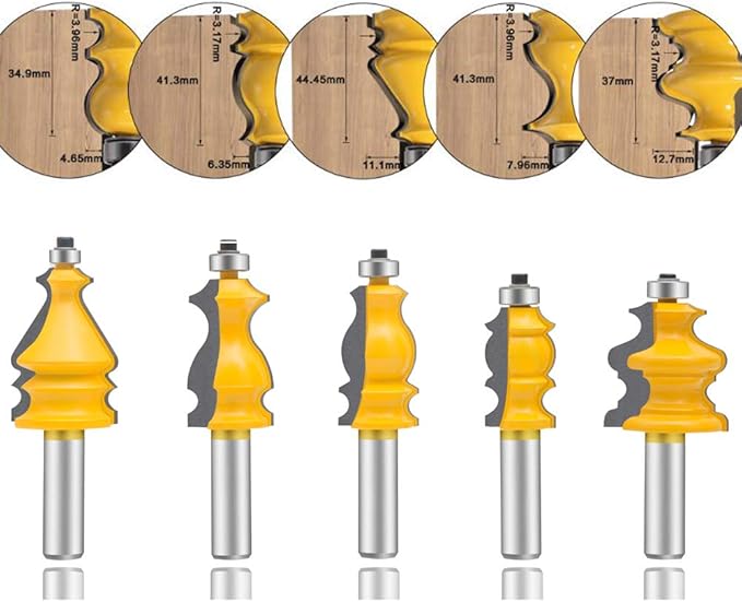 LEATBUY Router Bit Set 5 PCS 1/2-Inch Shank Architectural Molding Corner Round Edge Door Cabinet Shelf Wood Table Woodworking Mill Cutter Tool, Carbide CNC Router(1/2-line)