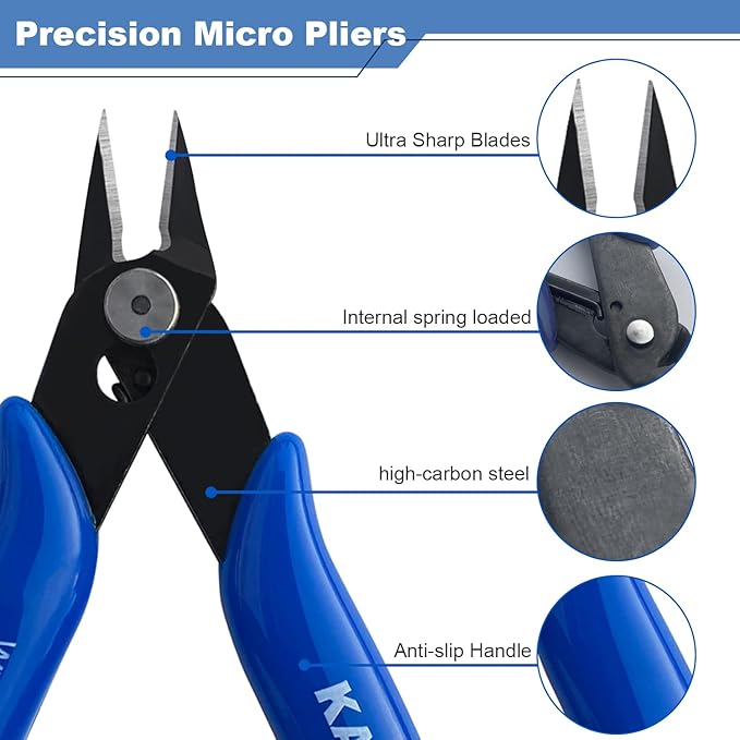 KAIHAOWIN Micro Wire Cutters with Spring, 2 Pack, 5 inch Precision Mini Flush Cutters Bulk, Nippers, Flush Cutting Pliers, Wire Snips, Small Side Cutters for Electronics Crafts Jewelry-Blue