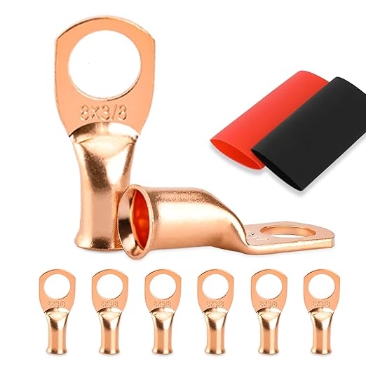 Battery Cable Ends, 8PCS 8 Gauge Wire Connectors 3/8 Copper Wire Lugs, Bare Copper Eyelets with Heat Shrink Tubing