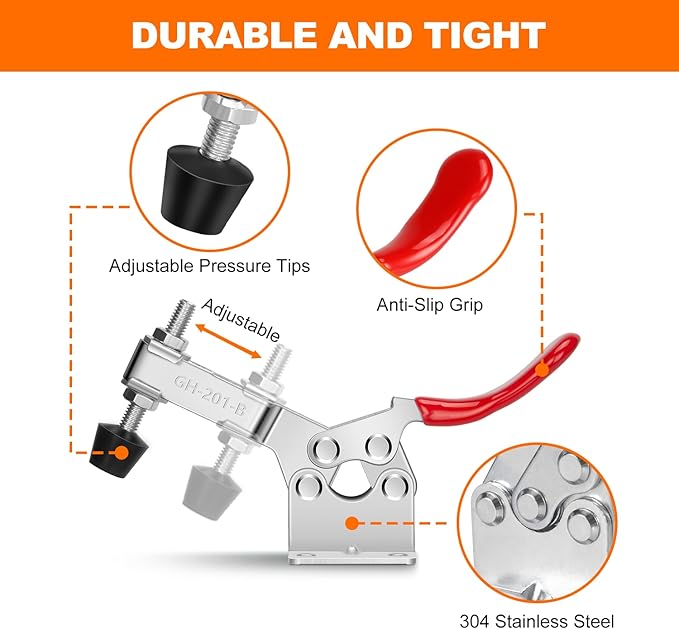 4 Pack Toggle Clamps, Hold Down Clamp 220Lbs Holding Capacity Quick Release Horizontal Clamps 201B with Rubber Pressure Tip for Woodworking Jigs and Fixtures, Welding, Drill Press, Crosscut Sled