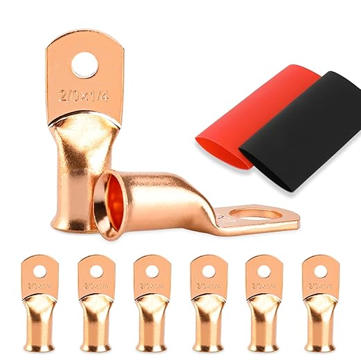 Battery Cable Ends, 8PCS Battery Cable Ends, 2/0 Gauge Wire Connectors 1/4 Copper Wire Lugs, Bare Copper Eyelets with Heat Shrink Tubing