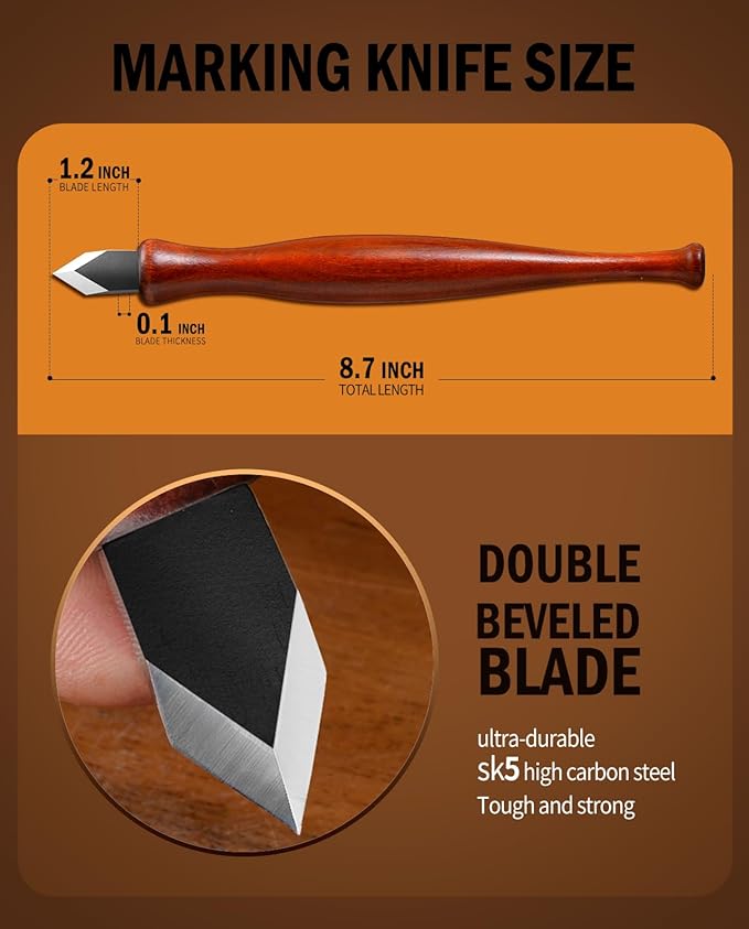 RAVS Marking Knife Woodworking and Leather Sheath, Double Bevel Striking Woodworking Marking Knife, Rosewood Handle Scribing Knives with Leather Sheath, High Carbon Steel Blade with Titanium Coating