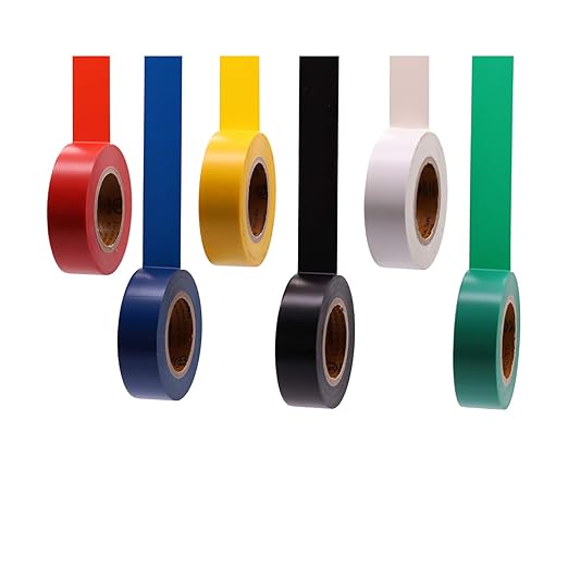 Electrical Tape Colors 6 Pack 0.7-Inch by 30 Feet, Voltage Level 600V Dustproof, Adhesive for General Home Vehicle Auto Car Power Circuit Wiring Multicolor