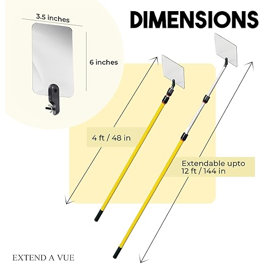 Inspection Mirror - Telescoping Heavy Duty, Lightweight & Durable, 4 ft - 12 ft Pole, 3.5 x 6 inch Acrylic Mirror