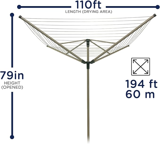 Heavy Duty Rotary Outdoor Drying Rack - 194 Feet Umbrella Clothesline Outdoor Dryer, Light Weight Aluminum Frame Outside Clothes Drying Rack, Sahara Beige