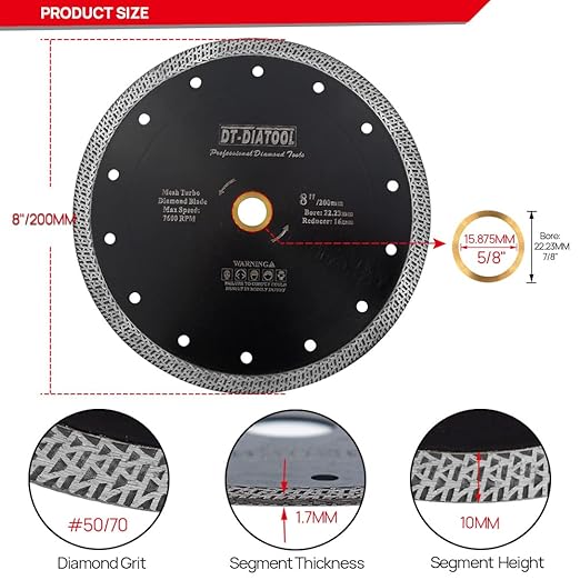 DT-DIATOOL Diamond Granite Blade 8 Inch for Marble Porcelain Tile Ceramic Diamond Cutting Disc with Mesh Turbo Diamond Segments