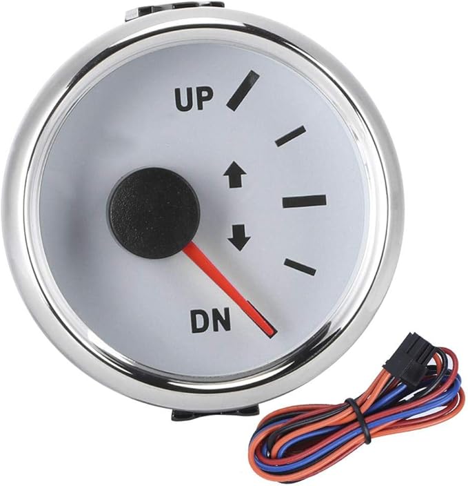 Boat Trim Gauge, 52mm/2in Stainless Steel UP-DN Boat Trim Gauge 0-190ohm Trim Tilt Indicator Red Backlight (White Dial Silver Frame)