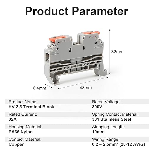 50Pcs KV2.5 Terminal Blocks, 28-12 AWG Compact Wire Conductor Wiring Connectors, DIN Rail Mounted Terminal Blocks, CE