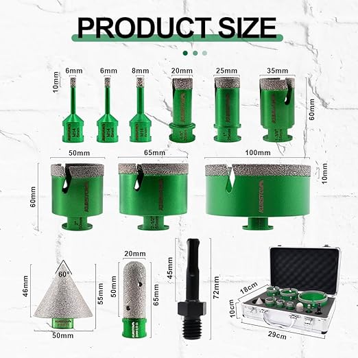 Tile Hole Saw Kit - 9pcs Diamond Core Drill Bits 6/6/8/20/25/35/50/65/100mm+4/5" Milling Finger Bit+2" Beveling Chamfer Bit+SDS Shank to 5/8"-11 thread for Porcelain Ceramic Marble Granite