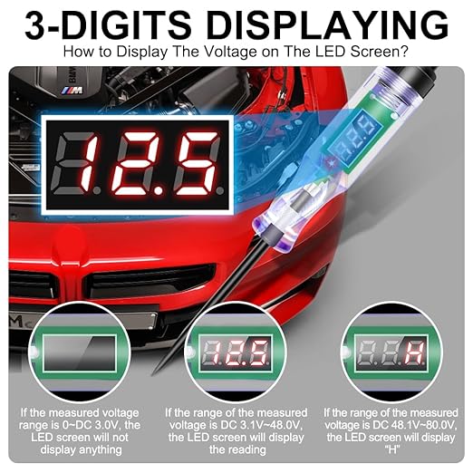 Vehicles Automotive Circuits Voltage Tester Pen Measurement Range DC 3.0V~DC 80.0V Resolution 0.1V with 3-Digits Displaying and Overload Prompting for Cars Trucks Motorbikes Electric Bicycles