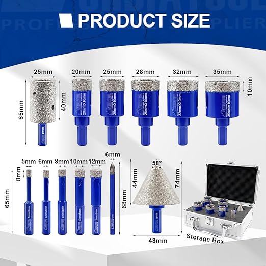 SHDIATOOL Diamond Drill Core Bits,Tile Drilling Core Hole Saw Kit for Porcelain Marble Ceramic Granite with 1/4 Carbide Positioning Drill Bit 13pcs (5/6/8/10/12/20/25/28/32/35MM/6MM/48MM/25MM)