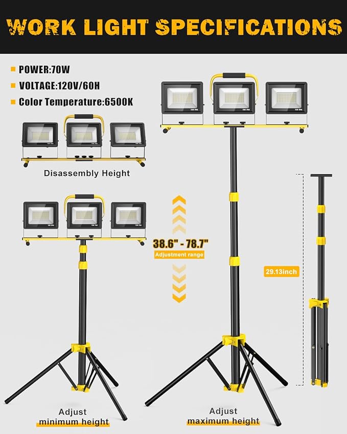 21000Lumen LED Work Lights with Stand, 3 Head Portable Work Light with 16FT Cord, IP66 Waterproof Tripod Worklights for Outdoor Indoor Job Site Workshop Garage Construction Site Lighting(3 Head)