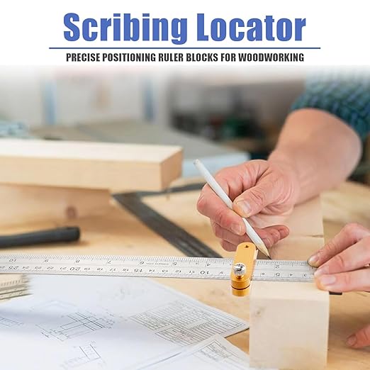 Mesee 4 Pieces Ruler Positioning Blocks Adjustable Thickness Ruler Stop Fence Woodworking Aluminum Alloy Rulers Limit Block Scribing Tool Rulers Locator Wood Mortise Scriber Line Marking Gauge