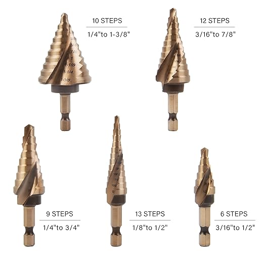 KENDO Two Spiral Flute Cobalt Step Drill Bits with Automatic Center Punch, 5PCS M35 High Speed Steel Unibit Step Bits, Total 50 Sizes, 1/4" Hex Shank, Ideal for Metal, DIY Lovers with Aluminum Case