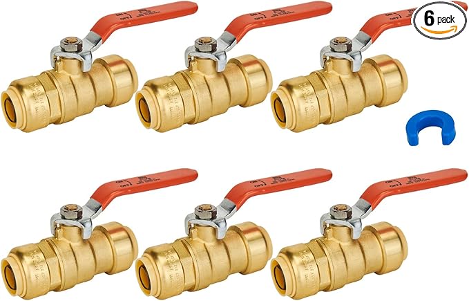 SUNGATOR 3/4 Inch Ball Valve, 3/4" Shut Off Valve, No Lead Brass Push-to-Connect Plumbing Water Shutoff for PEX Pipe, Copper, CPVC, PE-RT, with 1 Disconnect Clip, Pack of 6