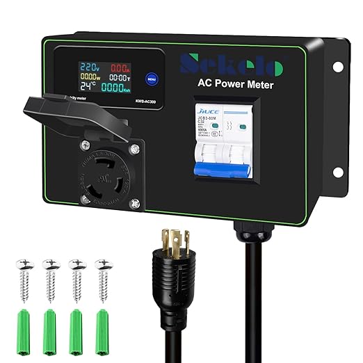 30A AC Power Meter, 125V Digital Multimeter Tester, NEMA L6-30P to NEMA L5-30R Outlet Monitor with 2FT 10AWG Cable and 30A Circuit Breaker, Real-Time Voltage, Current, Power, and Energy Monitoring