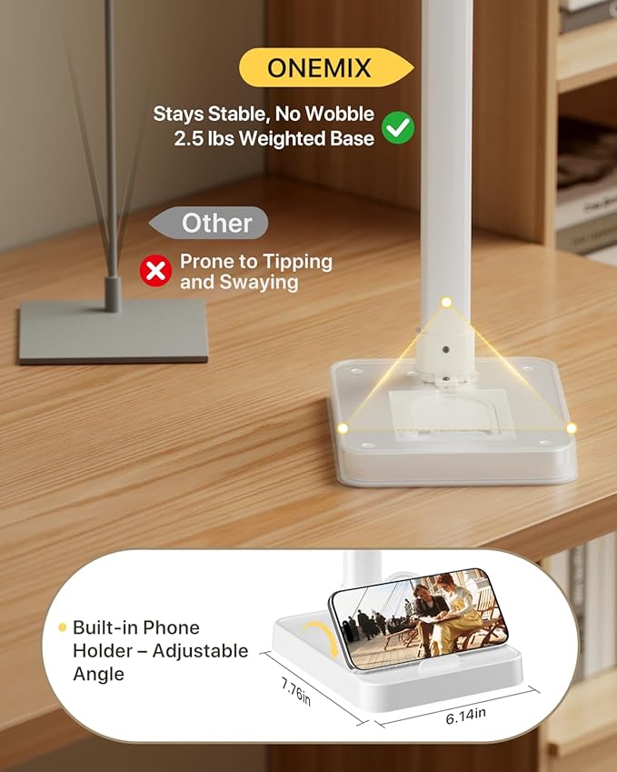 42" LED Desk Lamp for Home Office, Eye-Caring Desk Light with Adjustable 4-Segment Bar, 1800LM Bright, Remote, Architect Table Lamp with Base for Dual Monitors, Reading, Study, Workbench(White)