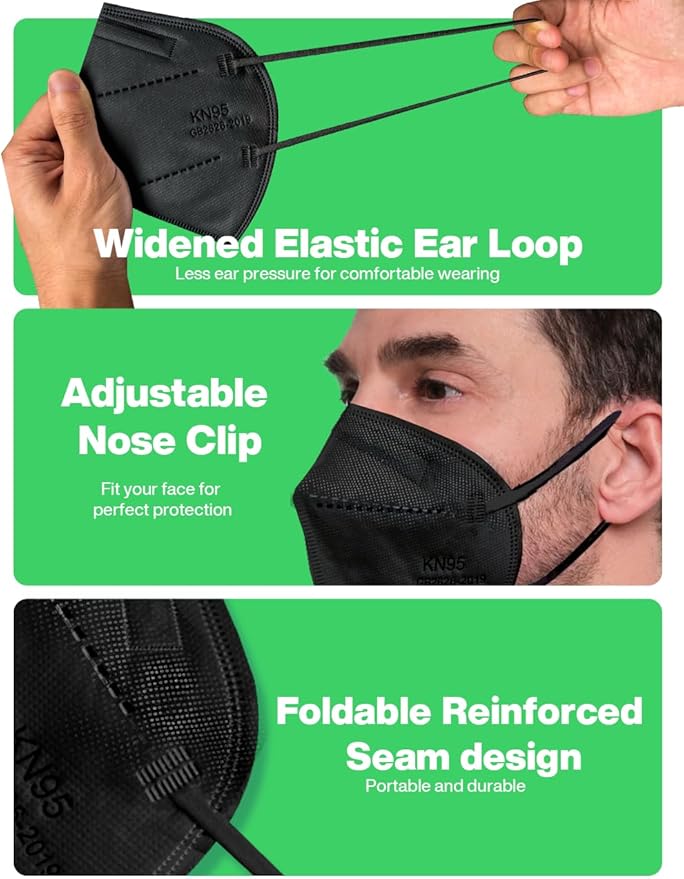 Boncare KN95 Face Masks, Black KN95 Masks 60 Pack, 5-Layer Face Masks