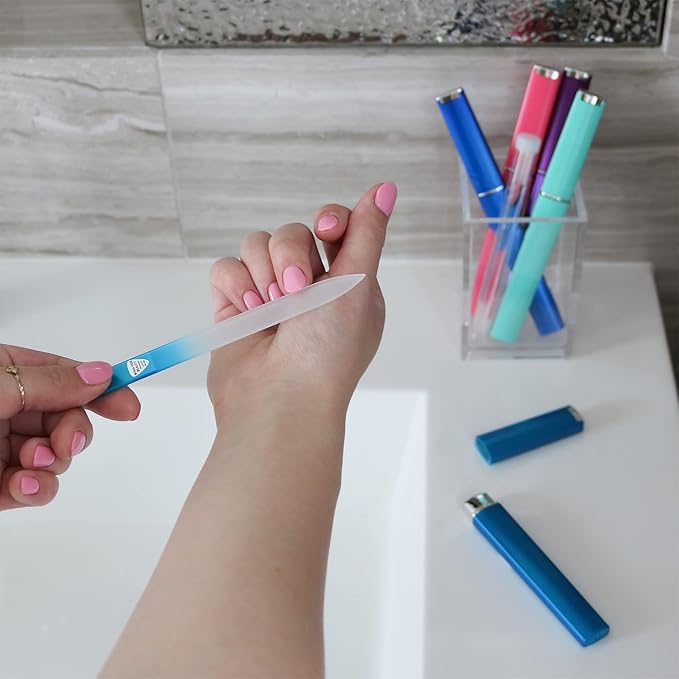 BONA FIDE BEAUTY Czech Glass Files for Nails, 5-Pieces Manicure Glass Fingernail Files with Cases (Malibu Color Set)