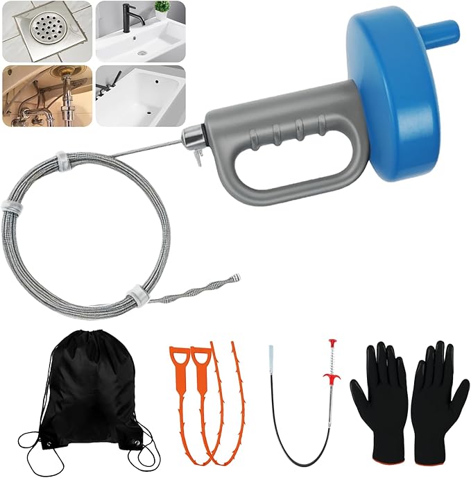 33Ft Drain Auger, Flexible Plumbing Snake & Drain Hair Clog Removal Tool with Gloves, Heavy Duty Pipe Snake Drain Unclogger Tool, Snake Auger for Bathroom Shower Kitchen Sink and Tub