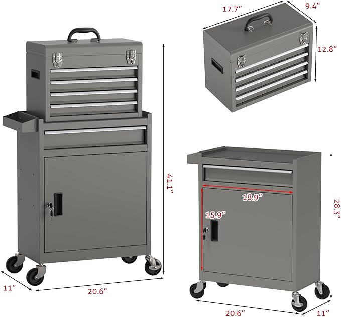 5-Drawer Tool Box with Wheels, Rolling Tool Storage Cabinet with Detachable Top Tool Chest and Locking Mechanism, Metal Tool Cart for Garage Workshop and Room Use (Gray)