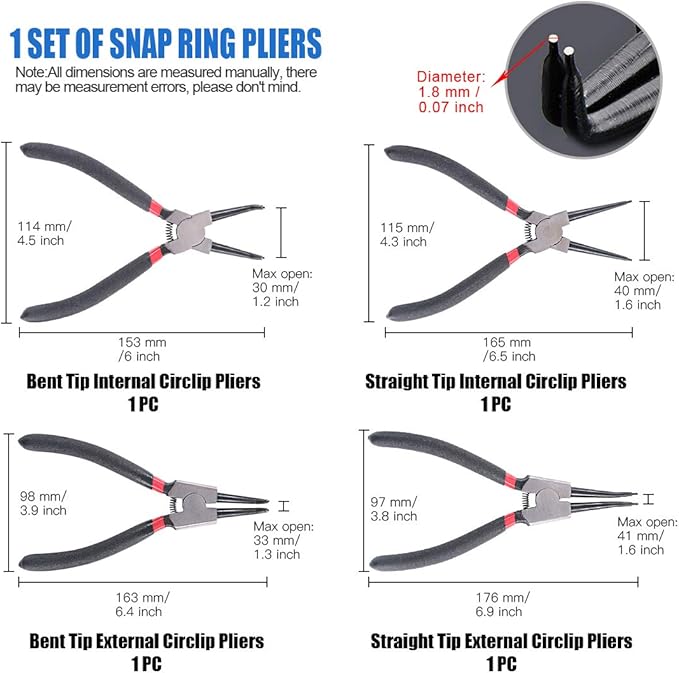 Glarks 4 Piece 7-Inch Internal/External Snap Ring Pliers Set