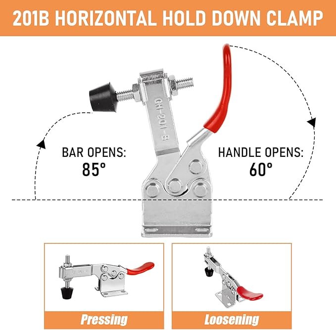 12 Pack 201B Toggle Clamps, Hold Down Clamp 220Lbs Holding Capacity Quick Release Horizontal Clamps with Rubber Pressure Tip for Woodworking Jigs and Fixtures, Welding, Drill Press, Crosscut Sled
