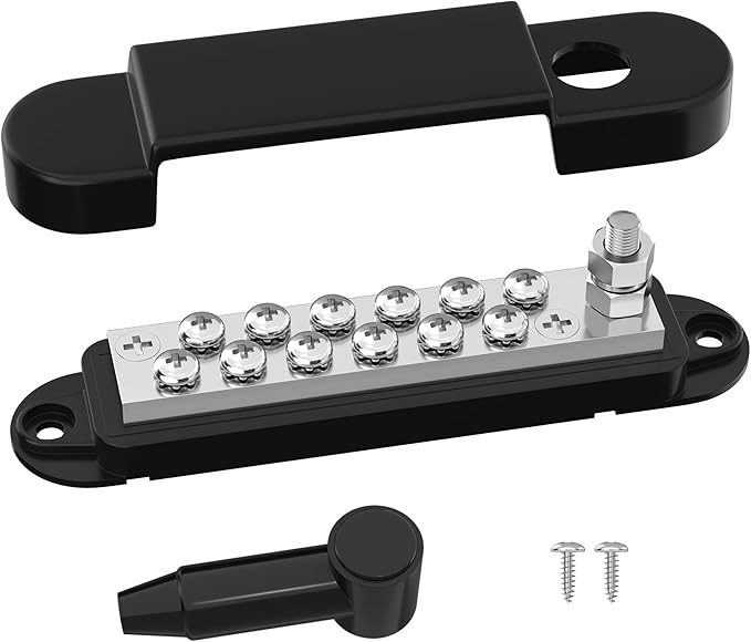 Marine Bus Bar 12V 150A Power Distribution Block 1/4" Stud & 12 x #8 Terminal Screws 12 Volt DC Ground Battery Bus Bar for Boat Automotive Solar Wiring