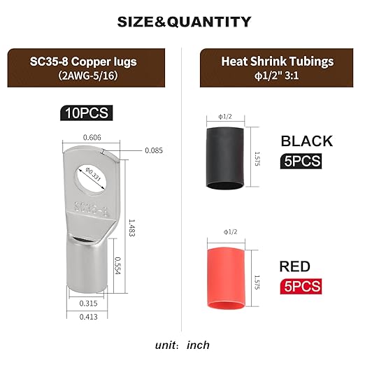 Thick Copper Electric Wire Lugs,10Pcs Tinned Copper Gauge 2Awg-5/16(M8) Ring Heavy Duty Battery Cable Lugs Ends Ring Terminals Connectors with 10Pcs 3:1 Heat Shrink Tubing Assortment Kit