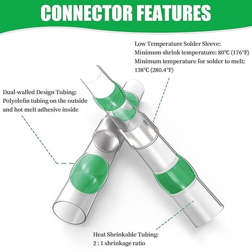 200PCS Solder Seal Wire Connectors Green 18-16 AWG, Marine Grade Self Soldering Heat Shrink Wire Connectors Waterproof Insulated Electrical Butt Splice Wire Terminals for Automotive Boat Truck