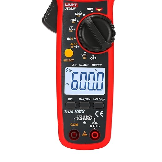 UNI-T UT202F Digital Clamp Meter AC Current TRMS Volt Ohm Amp Meter HVAC Clamp On Multimeter Auto Ranging 6000Counts AC Current Frequency NCV AC DC Voltage Frequency Resistance Continuity Diode Tester