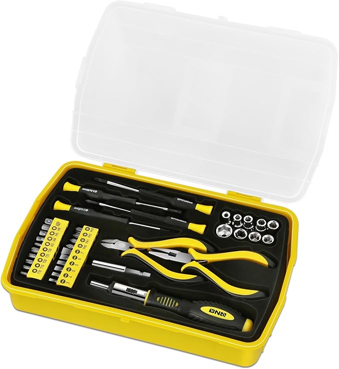 DNA MOTORING 37pcs Handheld Tool & Complete Drill Bits Set, Home Repair Tool Set, Screwdriver, Pliers, Ratchet Bit Driver kit, Maintenance Tools kit, Yellow/Black, TOOLS-00034