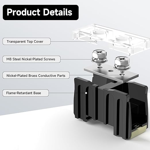 2Pcs DIN Rail Terminal Blocks with Cover, IN100BK 600V 130A 38mm² Electrical Connection Terminals, 4Pcs 12-10 AWG Insulated Fork Spade Wire Connectors & 3.15 Inch DIN Rail Included