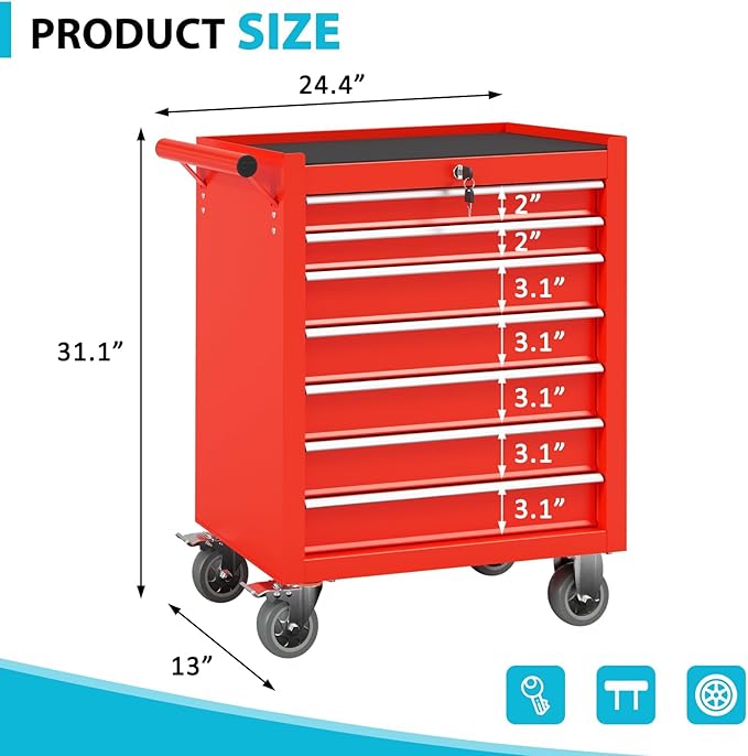 7 Drawers Rolling Tool Chest, Portable Storage Tool Box with Wheels, Tool Chest with Lock for Warehouse, Garage, Repair Shop and Tool Room