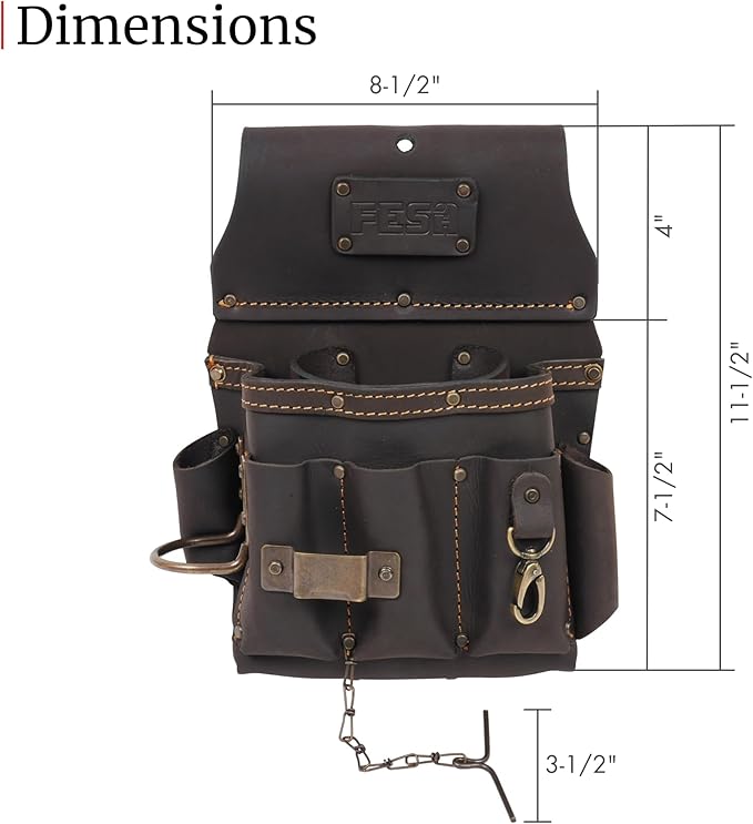 FESA Leather Electrician Tool Pouch - 13-in-1 Top Grain Leather Electrician Pouch w/Steel Hammer Loop, Tape Measure Clip, Tape T-Chain & 6 Pockets - Fits Belts up to 3" - Handcrafted
