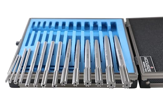 Accusize Industrial Tools Dowel Pin Reamer Size: 0.1230" Thru 0.4995", HSS M2 Premium Chucking Reamer Set, Right Hand Cut, 14 pcs Set, 5528-ST00