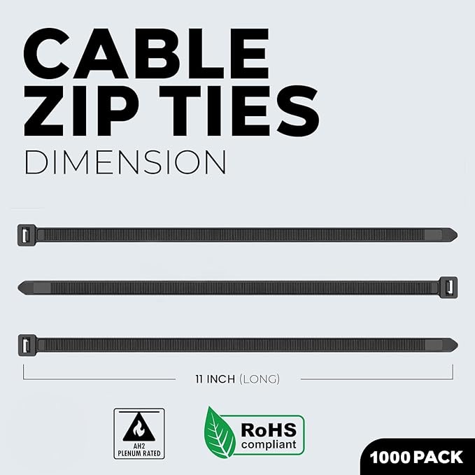BEST CONNECTIONS Black Cable Zip Ties 11 Inch Multi-Purpose Self-Locking Nylon Wire Ties with 50 Lbs Tensile Strength Cable Management Ties for Outdoor & Indoor - 1,000 Pack
