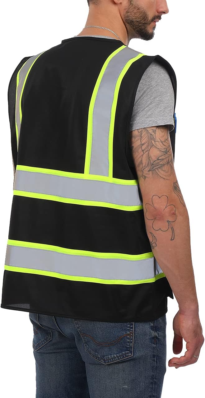 Dib Safety Reflective Vest High Visibility with Pockets and Zipper, Black with Yellow Trim XL