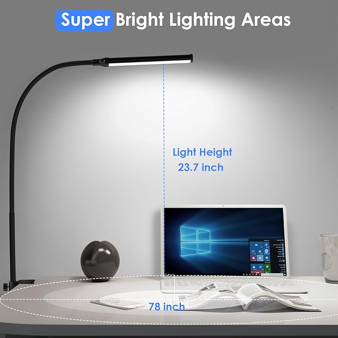 ShineTech LED Desk lamp with Clamp, 5000K Daylight White 11 Brightness Level Eye-Caring Clip Lights for Home Office, Flexible Gooseneck USB Adapter, Black