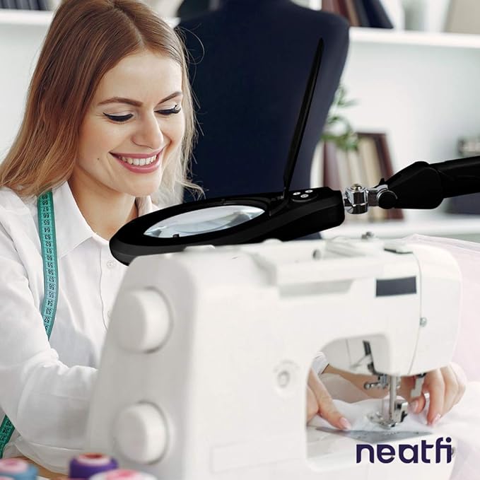 Neatfi LED Magnifying Lamp with Clamp, Dimmable, 6500K Color Temperature, Glare-Free, for Sewing, Painting, Jewelry Making, and Reading (Black, 6 Inch Glass Lens)