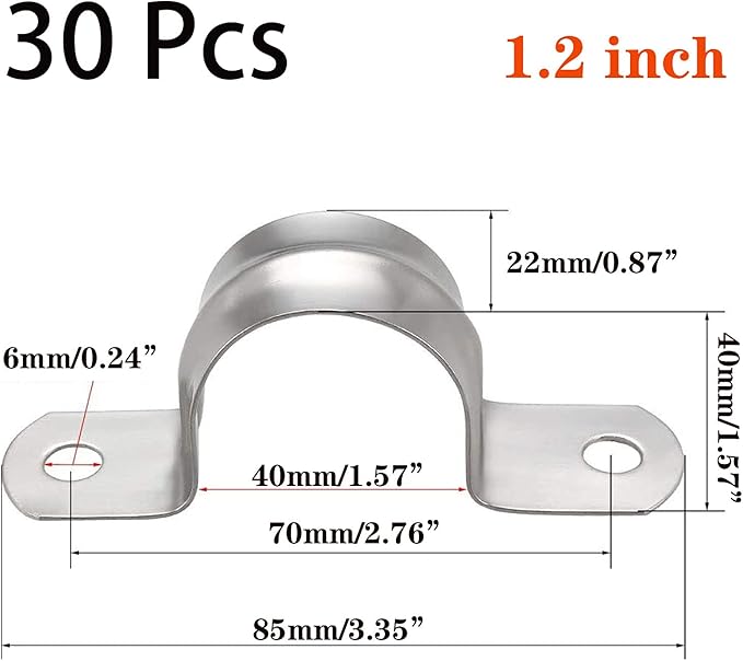30 Pcs 1.2inch Rigid Pipe Strap,Two Hole Stainless Steel Strap U Bracket, Widened Tube Strap Tension Clip Assortment Kit Heavy Duty Pipe Clamp for Pipe Fixing（40mm）