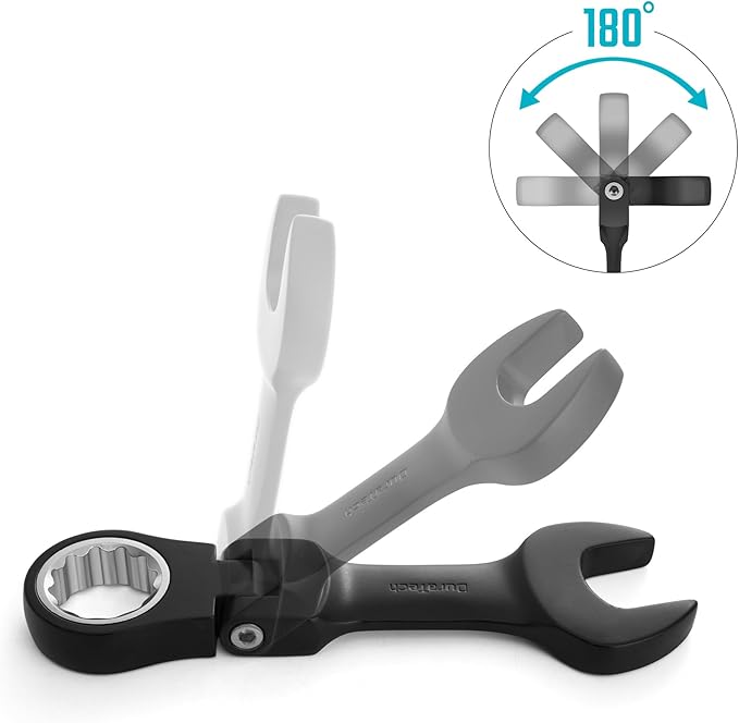 DURATECH Stubby Flex-head Ratcheting Combination Wrench Set, 8-piece, Metric, 9 to 17mm, CR-V Steel, Black Electrophoretic Coating, with Rolling Pouch