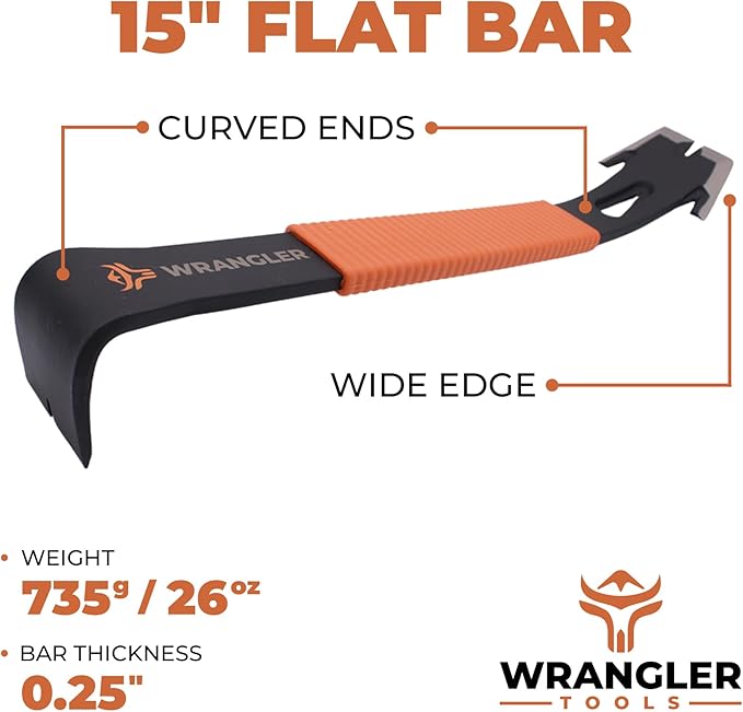 15" Flat Bar Pry Bar - Heavy Duty Crowbar with Nail Puller - High Carbon Steel with Soft Shock Absorbing Grip & Wide Winged Ends - Demolition Tools for Home Improvement & Construction