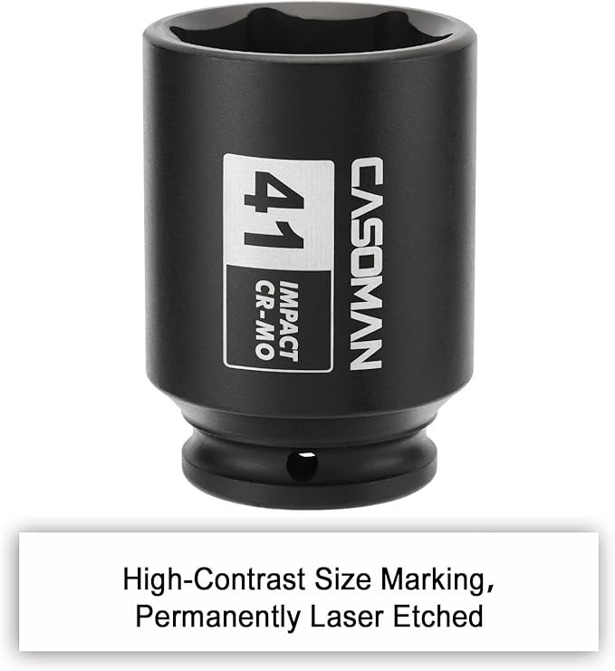 CASOMAN 1/2" Drive x 41mm Deep 6 PT Impact Socket, CR-MO, 1/2-Inch Drive Axle Nut Socket for Easy Removal of Axle Shaft Nuts (41MM)